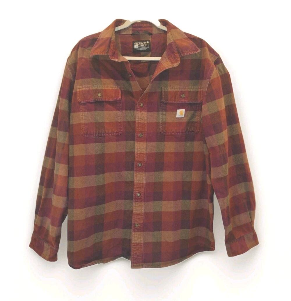 Carhartt Flannel Shirt Mens Large Maroon Plaid Loose Fit Heavyweight Chamois